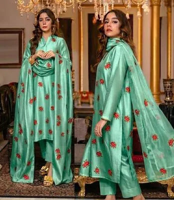 Black Embroidered Shamoz Silk 3Pcs Women Suit with Organza Dupatta