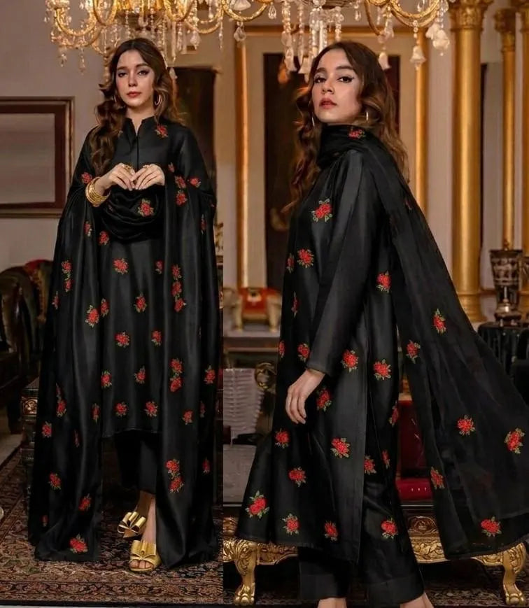 Black Embroidered Shamoz Silk 3Pcs Women Suit with Organza Dupatta
