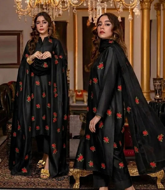 Black Embroidered Shamoz Silk 3Pcs Women Suit with Organza Dupatta