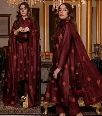 Black Embroidered Shamoz Silk 3Pcs Women Suit with Organza Dupatta
